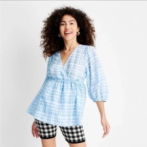 Future Collective Gingham 3/4 Sleeve V-Neck Wrap Top - Small - Picture 1 of 6